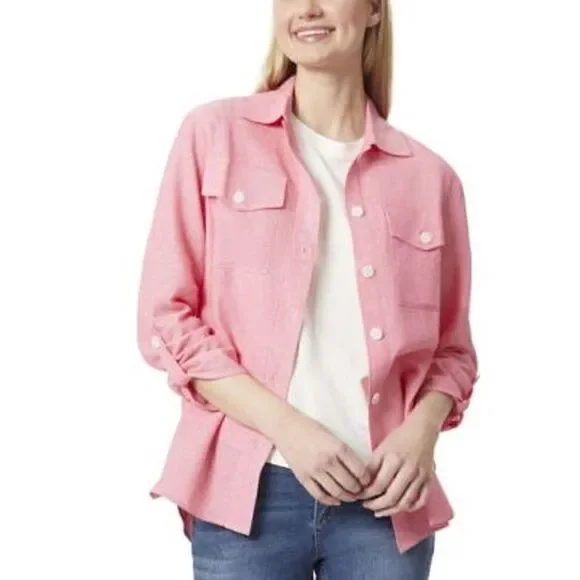 NWT! Jones New York Pink Linen Blend Shacket Jacket With Rolled Tab Small - Picture 1 of 9